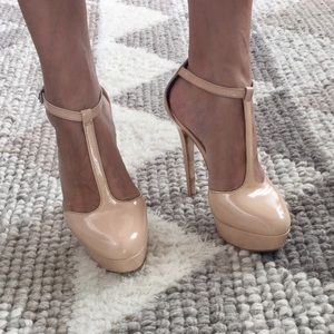 Pelle Moda Patent Nude T-strap Pumps